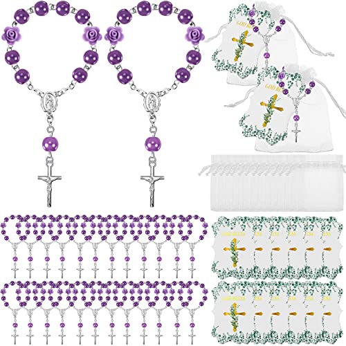 Jeyiour 96 Pcs Baptism Favors Rosary Set, Catholic Rosary Bulk, Purple Gold