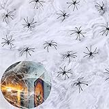Halloween Deko, 100g Spinnennetz Halloween Deko, Dehnbare Spinnennetz Halloween Dekoration mit 60 Plastik Spinnen für Halloween Party