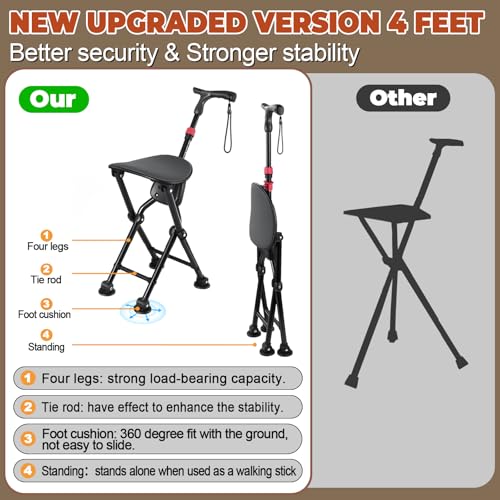 Image of Four-Legged Cane with Seat, Unisex Cane with Seat Folding Lightweight, Adjustable Anti-Slip Cane Chair, Walking Cane with Seat Suitable for Men, Women, Adults and Seniors