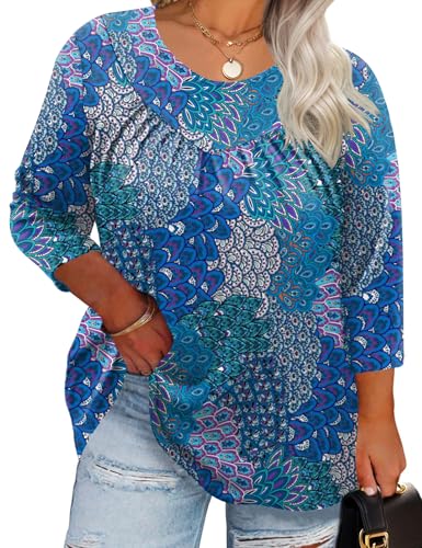 TFSDOD Plus Size 3/4 Sleeve Blue Floral Top
