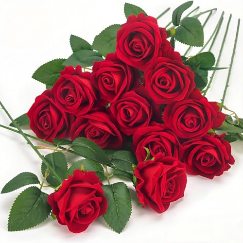 uehdydh 12 Pcs Red Roses Artificial Flowers Real Touch Fake Velvet Flowers with Stems in Bulk for DIY Home Decor Wedding Party Mothers/Valentines Day Gifts