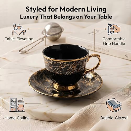 Image of UPC Premium Bone China Cup & Saucer Set (6 Pieces) | Elegant Solid Color Tea Coffee Cups | Lightweight, Durable & Glossy Finish | Ideal for Home, Office & Gifting