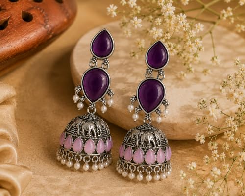 Image of Oxidised Silver Jhumka Earrings with Purple Stones, Pink Teardrop Accents and Pearl Drops