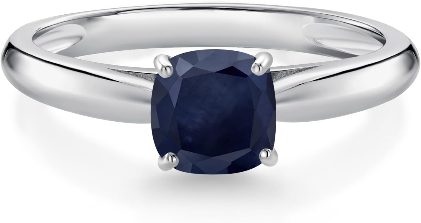 Gem Stone King 10K White Gold 5MM Cushion Cut Gemstone Birthstone Solitaire Engagement | Wedding Engagement Anniversary Promise Ring For Women | Available In Size 5, 6, 7, 8, 9