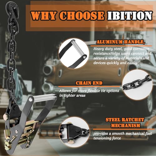 IBITION 4 Pack Car Tie Down Straps for Trailers with Heavy Duty Chain Anchors 2" x 96" - 3,300 lbs Safe Working Load -Adjustable Wheel Straps with Chain Hook Anchors for Trailers.Orange by IBITION - Image 7