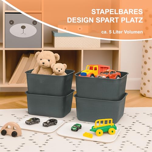 Relaxdays Aufbewahrungsbox 6er Set, mit Deckel, Organizer-Box 5 L, HBT: 13x26,5x19 cm, Stapelbox Kunststoff, grau