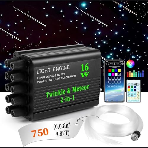 Image of Twinkle & Meteor Starlight Headliner Kit for Car 0.03in x 9.8ft 750 Strands for Ambient Interior Decor 16W RGBW Fiber Optic Star Light Engine, 200 White Shooting Stars
