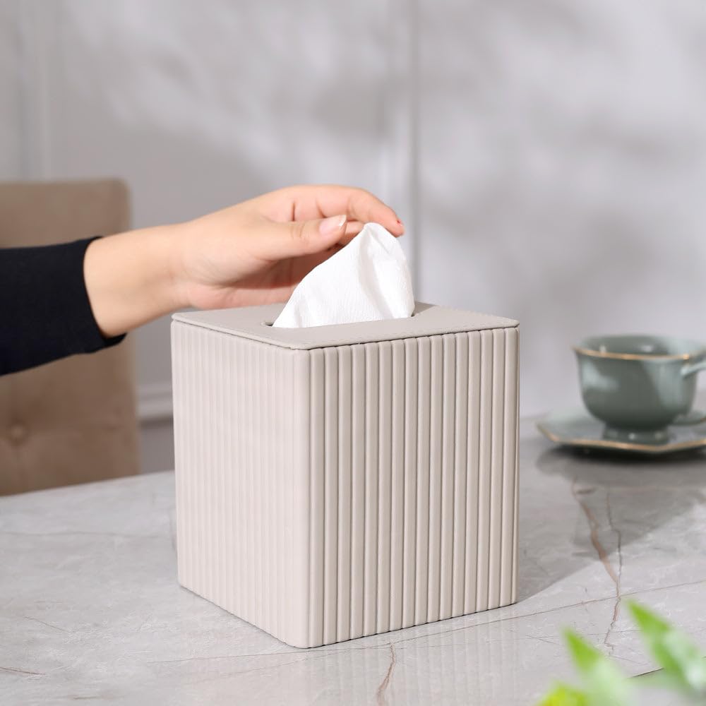 Columns Square Tissue Box Holder | PU Leather Material | Facial Tissue Holder for Bathroom Home Office Car| Textured Finish Paper Tissue Holder | Easy to Refill with Bottom Opening - Taupe — Amazon image 8