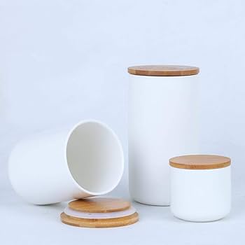 Amazon | 陶器製 保存容器 キャニスター 木蓋付き白 小物入れ シンプル