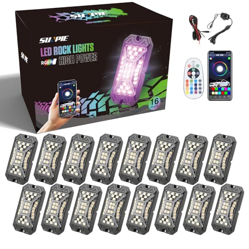 SUNPIE 16 Pods RGBW Rock Lights – Full Beam Angle, 30 High Power Chips, Aluminium Housing, Mounting Pads Included, IP67 Waterproof, Music Mode Underglow Lights, Fits Trucks, SUV, ATV, UTV, Boats by SUNPIE - Used condition - US$105.44