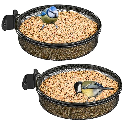 iBorn Wall Mounted Bird Feeder Tray,Metal Mesh Tray for 7.3 Wild Bird Seed Tray Tree Mount, Widely Installed on Wooden Post, Fences, Trees and Walls, Pack of 2