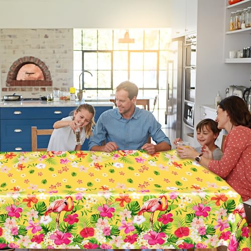 Image of QZYL 6 PCS Luau Tablecloths, 54 x 108 Inches Hawaiian Table Cloths, Disposable Luau Party Supplies Tropical Decorations with Flamingo Palm Leaves, Aloha Party Decorations Summer Decor for Tiki Bar