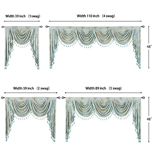 Jade Poke Jacquard Swag Waterfall Valance For Window - Tassels Valances For Living Room Aqua Valance With Beads For Bedroom Rod Pocket Damask Valance For Children's Room (1 Panel, Aqua, W89 Inch) #TOP4