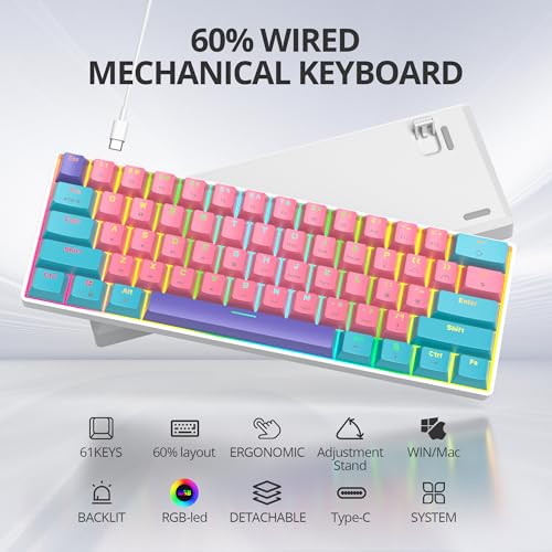 Image of Protable 60% Percent Gaming Keyboard Mechanical, Mini Compact RGB Backlit 61 Keys Wired Office Keyboard with red Switch for Mac /Win (Zhi /red Switch)