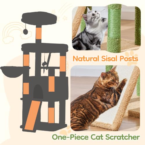 Image of Taoqimiao Sturdy Cat Tree, Cat Tower for Indoor Cats, Extra-Large Platform | 58.7Inch, Widened Cat Condo with Large Scratch Board, Top Perch, 6 Scratching Posts, Soft Basket, Cat Toys, Cactus MS045ST