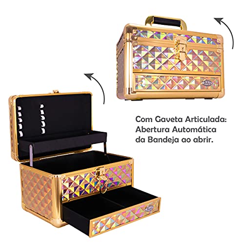 Maleta Profissional Grande com Gaveta Ruby Vazia para Maquiagem/ Manicure/ Acessórios/ Jóias (Dourad