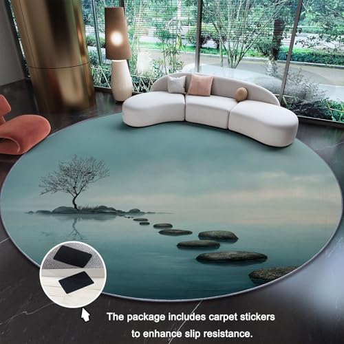 Extra Large Round Rug 8 ft, Blue Minimalist Lone Tree Slate Road Serenity, Large Circle Carpet for Dining Table and Great Room Minimalist