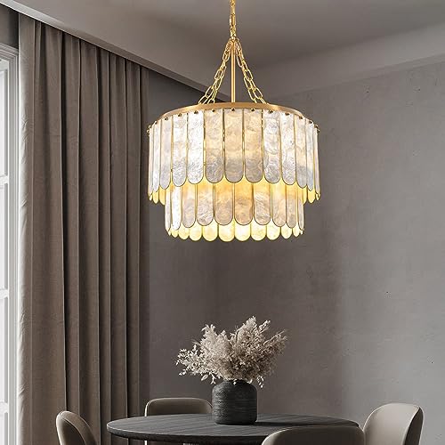 Weibath 5-Light Chandelier Shell 2 Tiered Faceted Gold Chandeliers for Dining Room Modern Pendant Lighting - Image 2