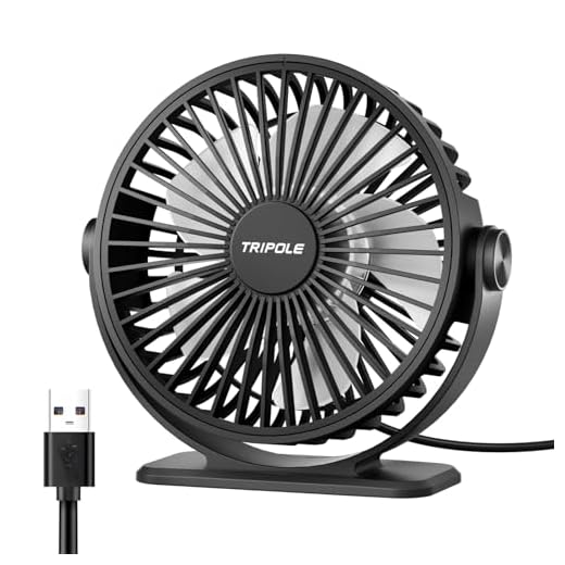 TriPole Desk Fan USB Powered Small Portable Fan, 3 Speeds Adjustable Strong Breeze Mini Personal Fans, 360° Rotation Quiet Plug In USB Fans for Desktop Bedroom Office Table Travel, Black, 4.9ft Cable