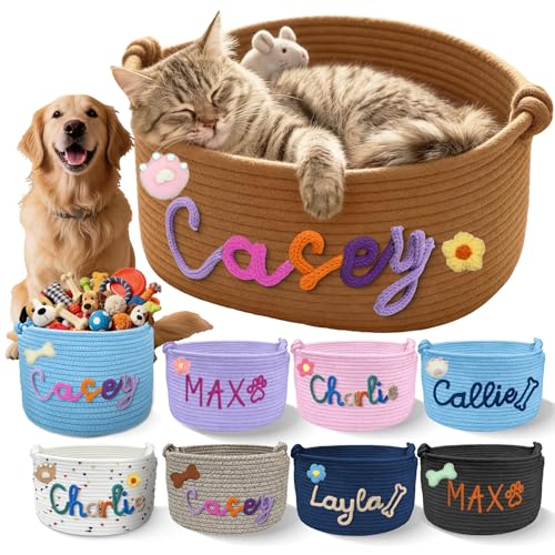 Meuvexa Personalized Dog Cat Toy Basket with Handles Custom Embroidery Name Cotton Rope Pet Toy Organizer Customized Puppy Kitten Toy Storage Bins for Pet Supplies Clothing Birthday Gifts