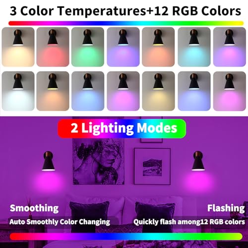 Image of Modern Battery Operated Wall Sconces Set of Two, Black Rechargeable Sconces with Metal Shade, Dimmable Wireless Wall Light Fixture with Remote Control for Bedroom Hallway Vanity(Include 2 RGB Bulbs）