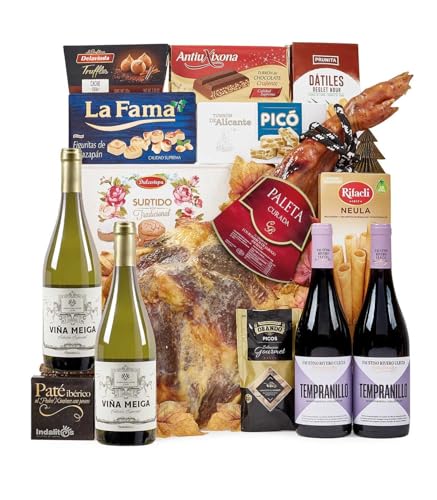 FAMILYCOM. Cesta Navidad Gourmet para regalar. Surtido con Paleta Curada y Chocolates originales de regalo. Lote de Turrón, Trufas, Mantecados, Jamón , Selección de Vinos , Dátiles y Barquillos.