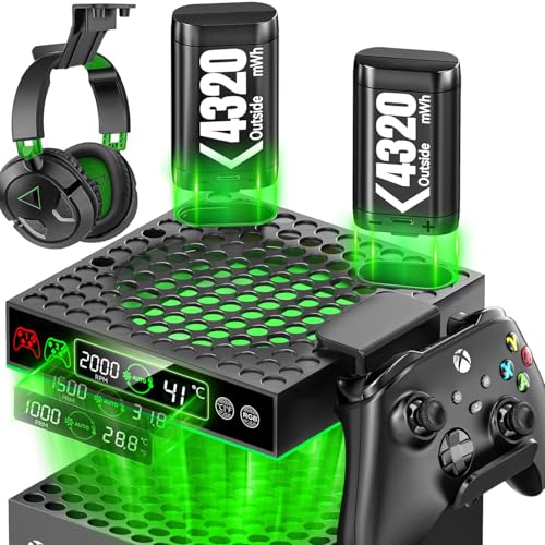Cooling Fan with 2 Packs 4320mWh Rechargeable Battery for Xbox Series X/S Console, Built-in Auto Adjustable Cooling System with Xbox Fans Cooler, Controller Holders Included, Sega Genesis Consoles