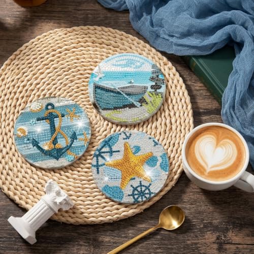 Image of HASTHIP 8 Pcs Diamond Painting Coasters Kits, Exquisite Diamond Painting Coasters with Holder, DIY Art and Crafts for Adults Kids Style Acrylic Beach Style Coaster DIY Art Kit for Adults Home Decor