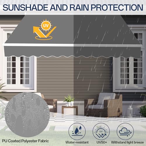 Bonnlo Retractable Awning Canopy 10x8ft, UV and Water-Proof Fabric Sunshade Shelter with Manual Crank Handle, Patio Awning Retractable for Deck, Poolside, Garden (Grey, 10x8ft)