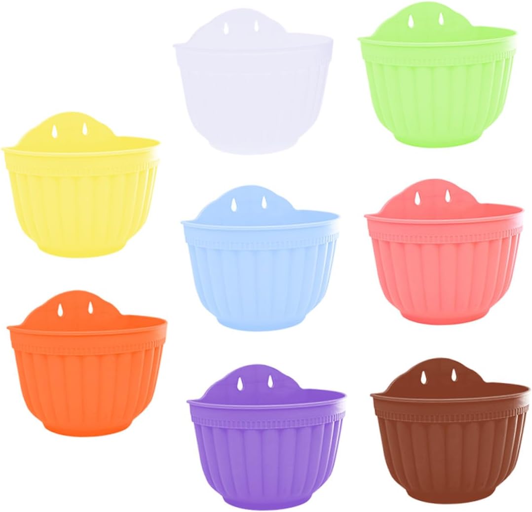 NUOBESTY Colorful Hanging Planters Set of 8 Small Plastic Flower Pots 20.5cm Diameter X 14cm Height Wall-Mounted Decorative Hanging Plant Holders for Balcony Garden Indoor Outdoor Use