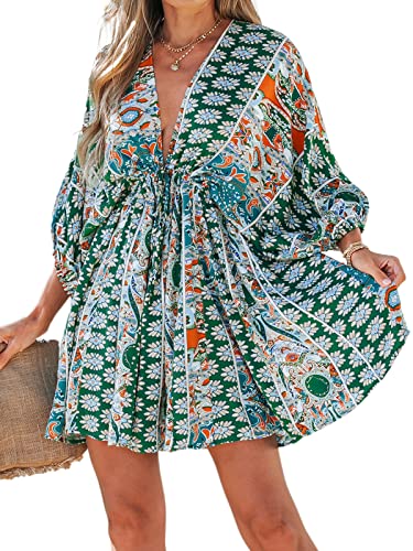 CUPSHE Women Casual Boho Sundress Summer Floral Print Tie Front Dress 3/4 Sleeves Paisley Beach Mini Dresses