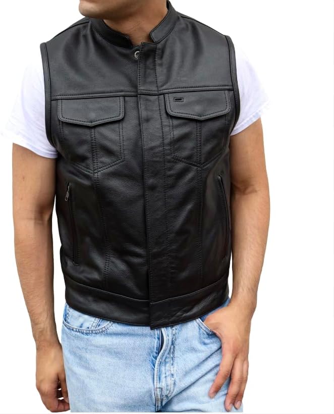 Mens Classic Motorcycle Full Grain Cowhide Leather Heavy Duty Biker Vest