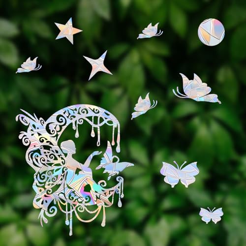Image of 21PCS Fairy and Moon Window Clings - Anti-Collision Decals to Save Birds, Non-Adhesive Prismatic Vinyl Clings, Rainbow Stickers
