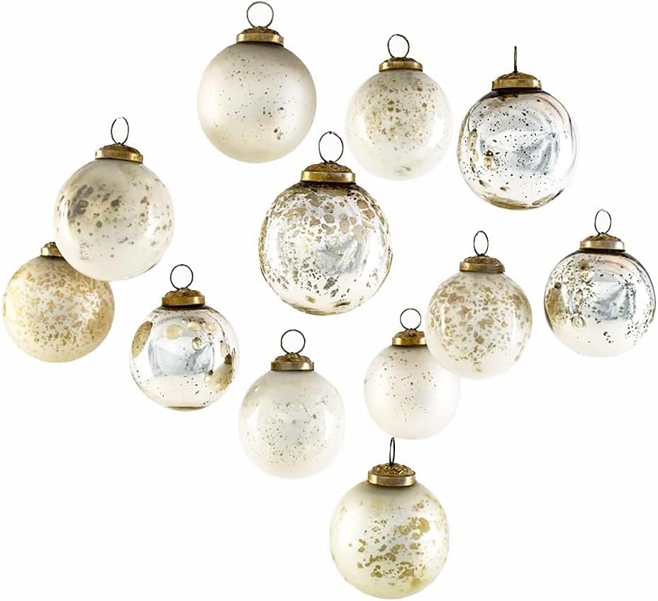 Set of 12 Vintage Gold, Blue & Silver Glass Ball Ornaments, 2.5" Diameter - For Christmas Tree, Holiday Decor