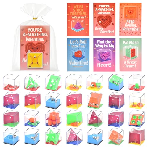 28 Pack Valentines Day Gifts for Kids Classroom - Mini 3D Maze Puzzle Cubes with Cards & Gift Bags, Non Candy School Exchange Party Favors, Brain Teaser Fidget Sensory Toys for Boys Girls Ages 3-12