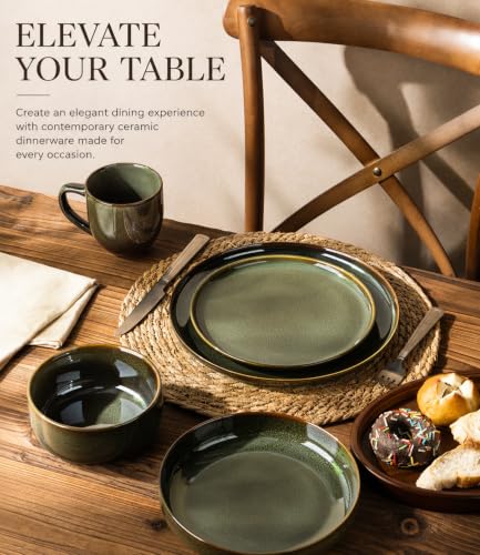 Image of TheTerra Ceramic Dinnerware Set for 4, 16-Piece Plates and Bowls Set | Handmade Reactive Glaze Dish Set, Scratch Resistant, Oven & Microwave & Dishwasher Safe, Olive Green