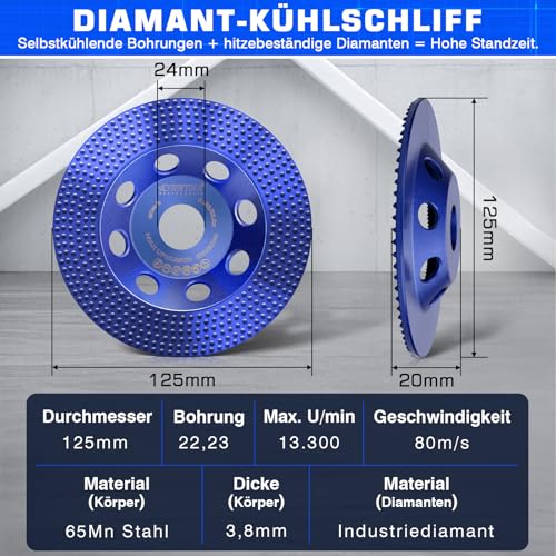 Diamant-Schleiftopf 125mm für Fassadenfarbe, Holzfarbe, Beschichtungen, Diamantschleiftopf Diamant Schleifscheibe Topfschleifer, zum Farbreste auf Beton, Mauerwerk, Fliesenkleber, Diamantscheibe 125mm
