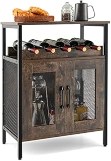 COSTWAY Wine Cabinet Sideboard, Industrial Kitchen Storage Cabinet with Removable Wine Rack, Glass Holder, Mesh Door & Anti-tipping Device, Wooden Buffet Cupboard Organizer for Dining Living Room