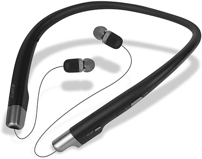 Taraf view of the EXFIT BCS-700 neckband headphones with both retractable earbuds extended.