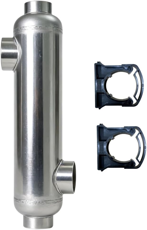 RIYI Pool Heat Exchanger, 155kBtu Stainless Steel 316L Shell and Tube Heat Exchanger Ports Size 1 1/2" & 1" FPT, High-Efficiency Design for Pools/Tanks/Oil Coolers/Solar (ST-155kBtu)