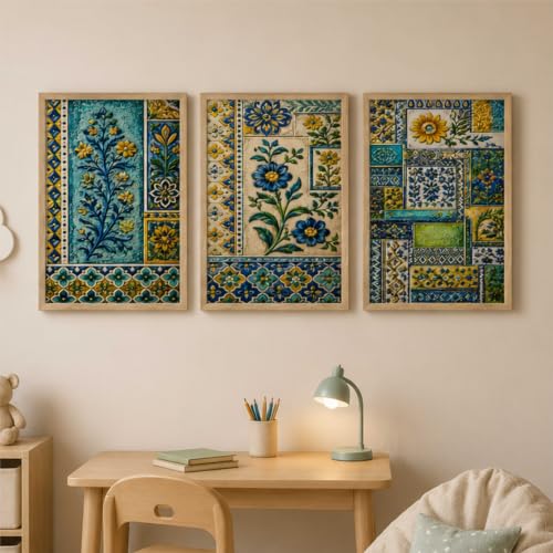 Image of Livin'luxe Set of 3 Blue Yellow Floral Tile Wall Paintings for Living Room Dining Bedroom Home Decor with Premium Wooden Color Synthetic Frame (13.5 x 19.5 Inch) NM03-70