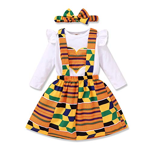 Infant Toddler Baby Girls African Kente Skirt Set Heart Print Shirt Top + Kente Girls Dress + Bow Headband Outfit Set 3Pcs (White 04, 18-24 Months)