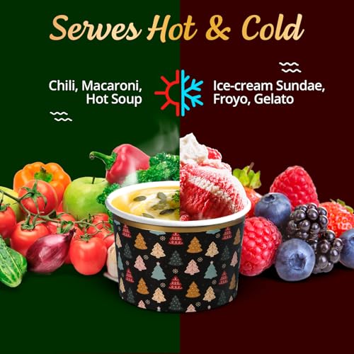 Image of Confettiville Paper Ice Cream Cups, 50-Count 9-Oz Disposable Dessert Bowls for Hot or Cold Food, 9-Ounce Christmas Party Supplies Treat Cups, Christmas Trees, Gold Foil