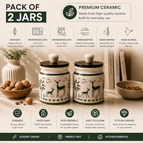 Image of Ceramic Kitchen Jars for Storage | Air Tight Containers with Wooden Lids | Masala, Salt, Pickle, Dry Fruits & Multi Utility Items Organiser Set (Hand-Painted, Green Deer, 450 ML, Pack of 2)