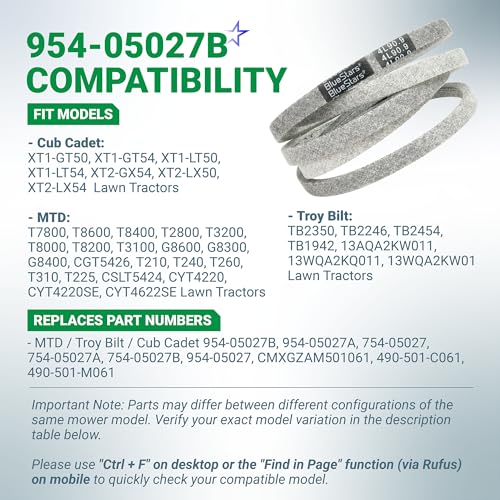 Image of BlueStars 954-05027B Drive Belt | Aramid Cord | 1 /2 inch x 90.9 inch | DriveBelt for MTD CubCadet XT1-GT50 XT1-GT54 XT2-GX54 Replaces 754-05027 754-05027A 954-05027 954-05027A Lawn Mowers Tractors