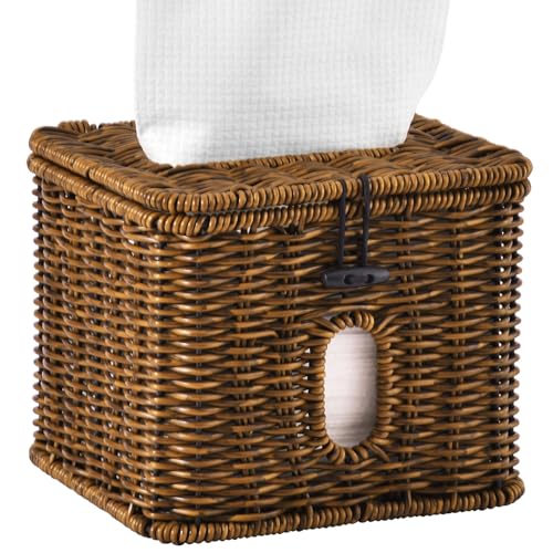 Hordely Facial Clean Skin Club Face Towels Holder for Bathroom, Plastic Rattan Disposable Face Towel Holder, Farmhouse Style for XL Face Towels Box Basket with Lid, Vintage Brown