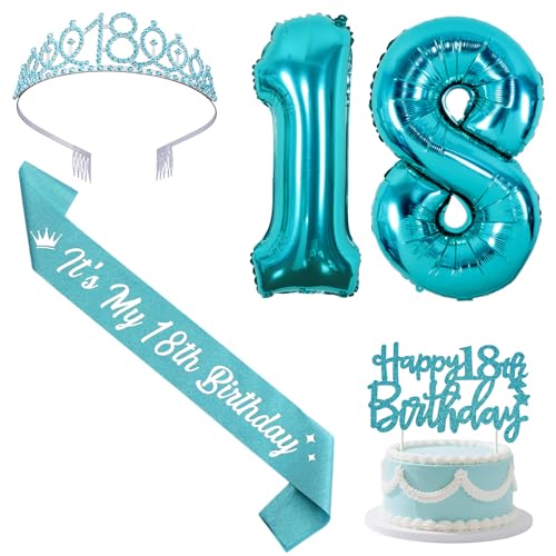 Sursurprise Teal 18th Birthday Decorations with Sash and Tiara, Happy 18th Birthday Cake Topper, Number 18 Balloons, 18 Year Old Bday Party Supplies for Girls
