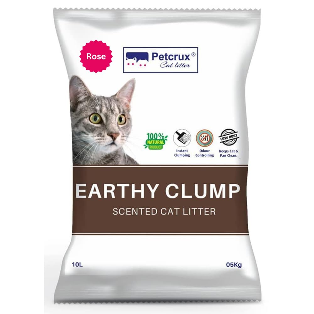 PetCrux Earthy Clump Cat Litter 5Kg 100% Natural Bentonite Odour Lock Rose Scented Clay Dust Free Trial or Travel or Single Pack Absorbent Eco-Friendly Sand for All Breeds of Cats