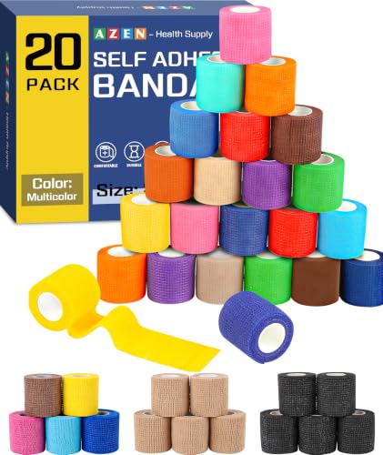 AZEN 20 Pack Self Adhesive Bandage Wrap Elastic Cohesive Bandage Wrap Color Athletic Tape Vet Wrap Ankle Tape