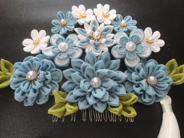 otowa 花かんざし コーム あさぎ色 落ち着いたブルー 和装 着物 ちりめん つまみ細工 成人式 振り袖 袴 卒業 RDB007